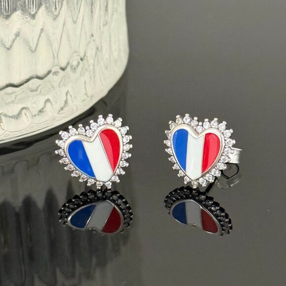 France Flag Earrings Heart bling S925 Sterling Silver Handmade Ear Stud - Picture 4 of 4